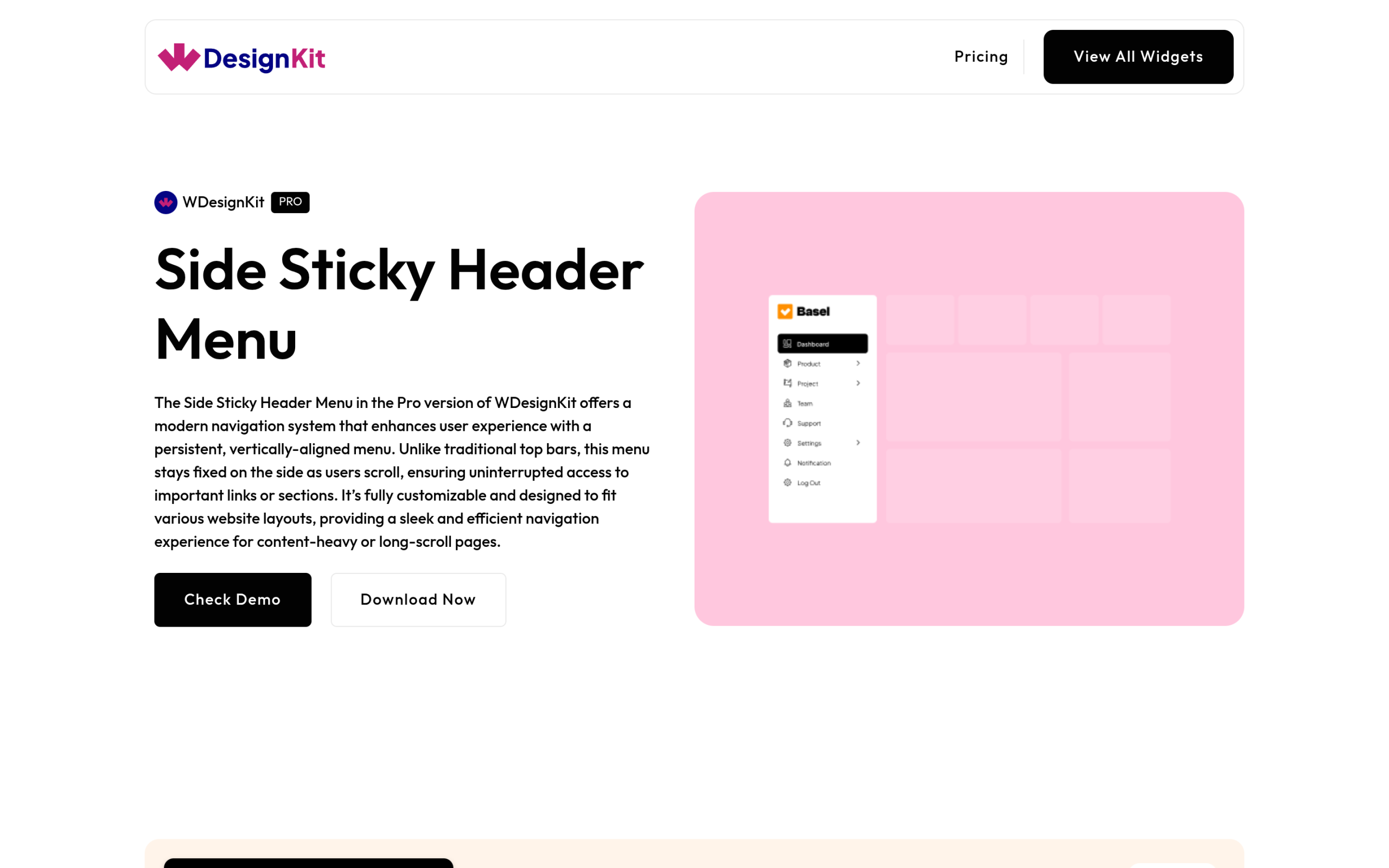 WDesignKit Side Sticky Header Menu widget page showing a vertical sidebar navigation demo