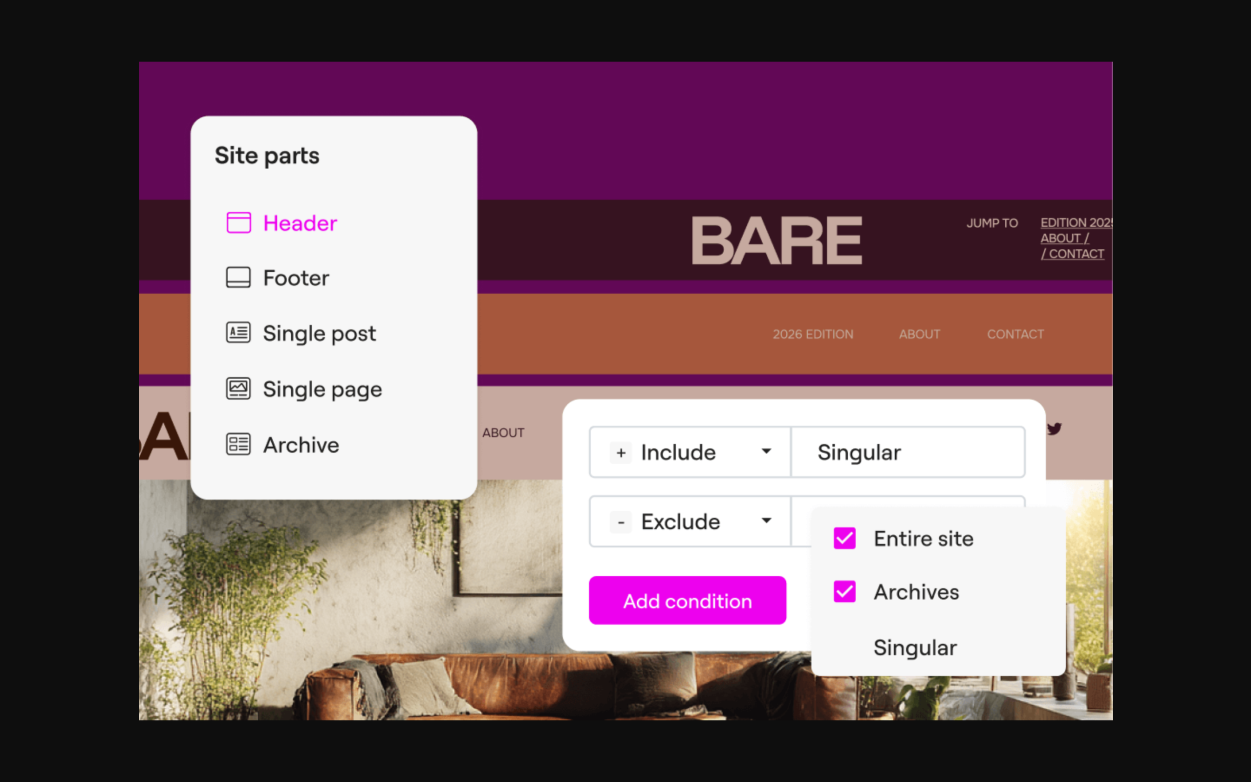 Elementor's Theme Builder feature page showing the header template editor with global display conditions