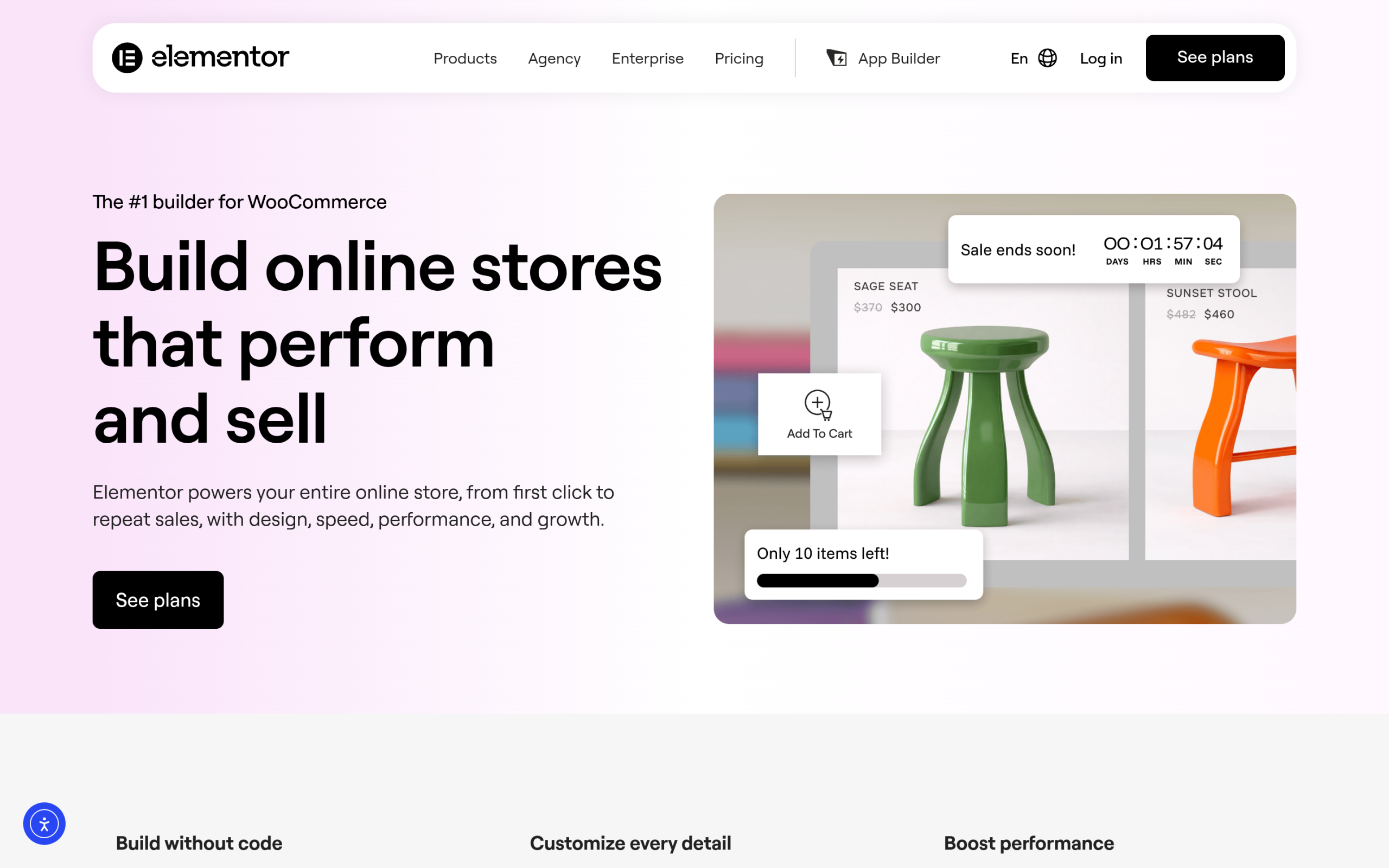 Elementor's official WooCommerce Builder feature page showing the visual product and archive editor
