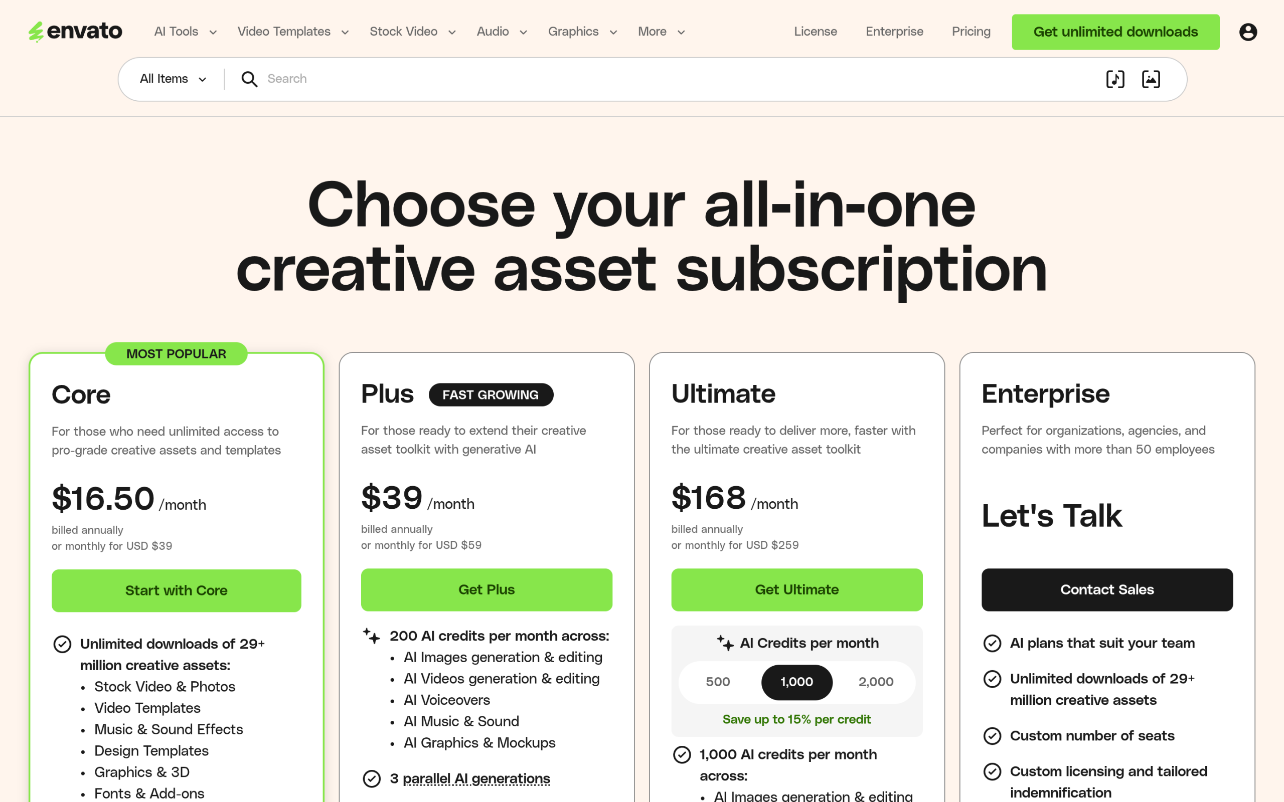 Envato Elements pricing page showing Core, Plus, Ultimate and Enterprise subscription plans