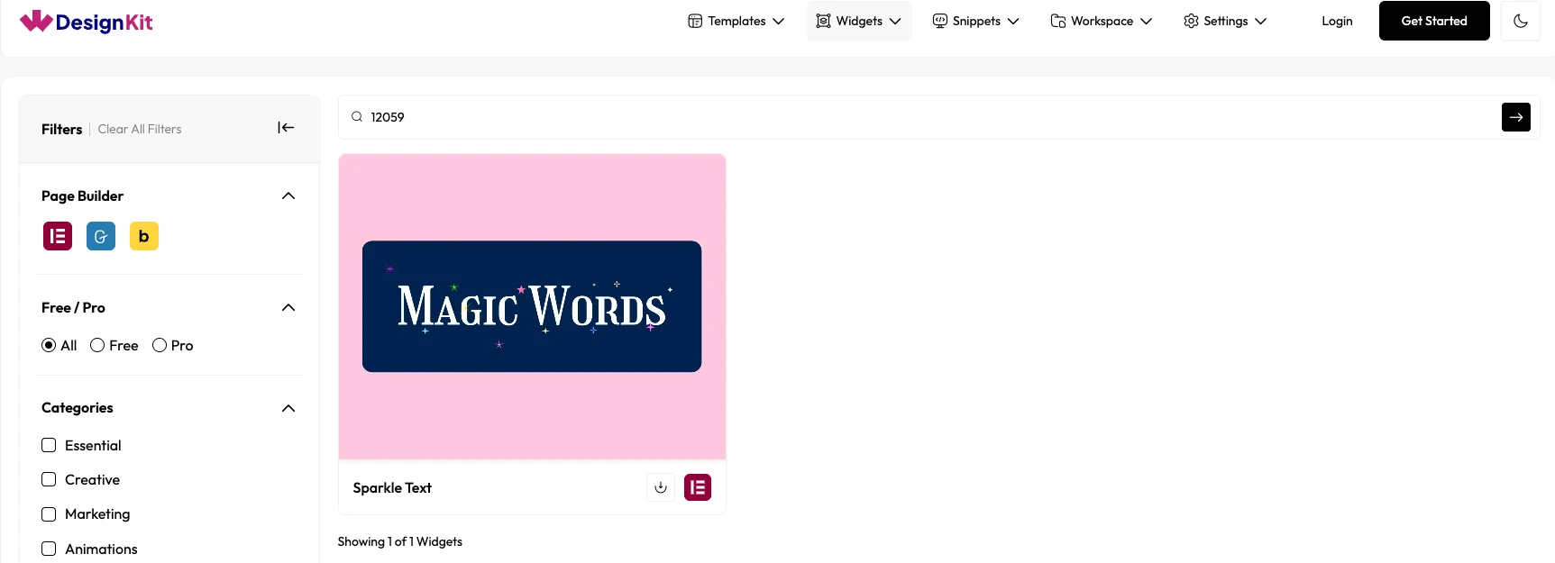 WDesignKit widget library searched by the numeric widget ID 12059, showing the single matching Sparkle Text widget.
