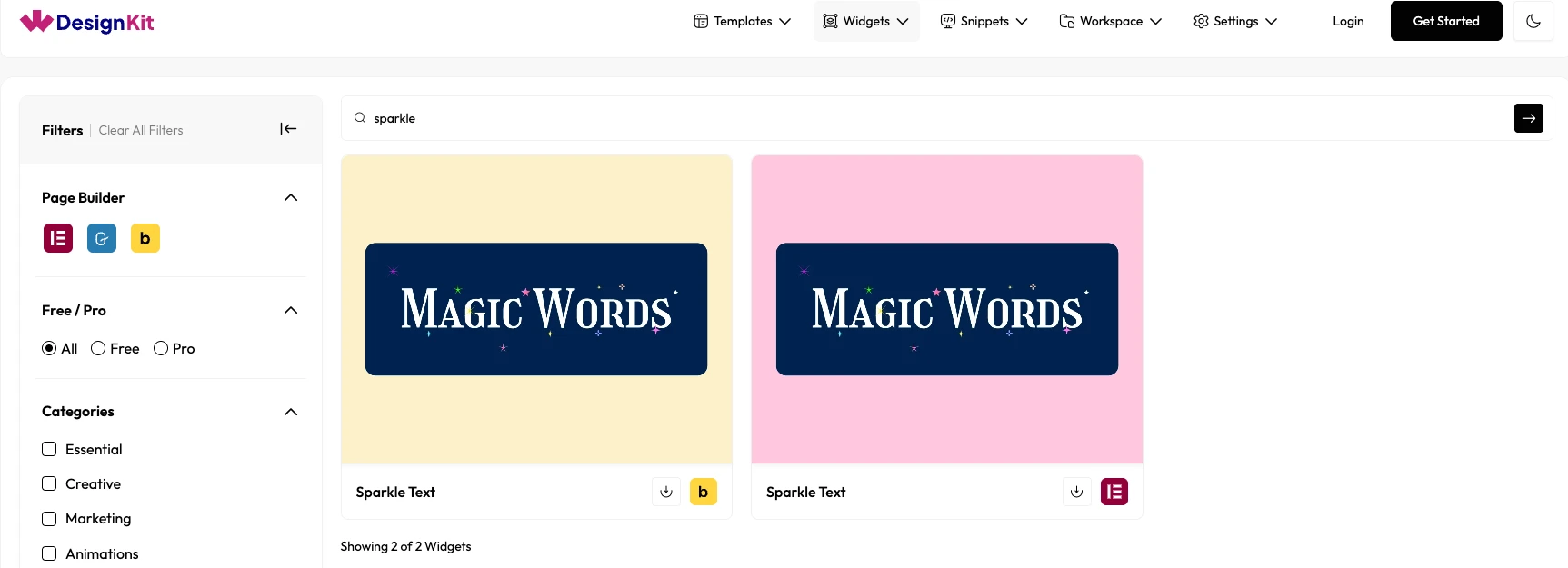 WDesignKit widget library filtered by a name search for sparkle, showing two matching Sparkle Text widget results.