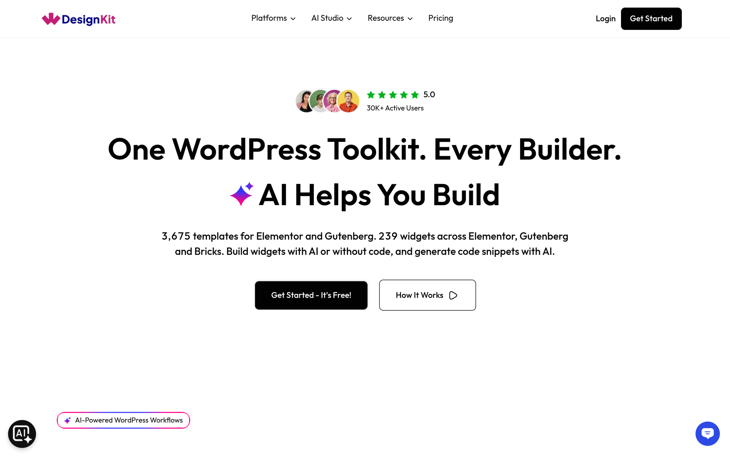 WDesignKit free Elementor template library panel inside the WordPress editor