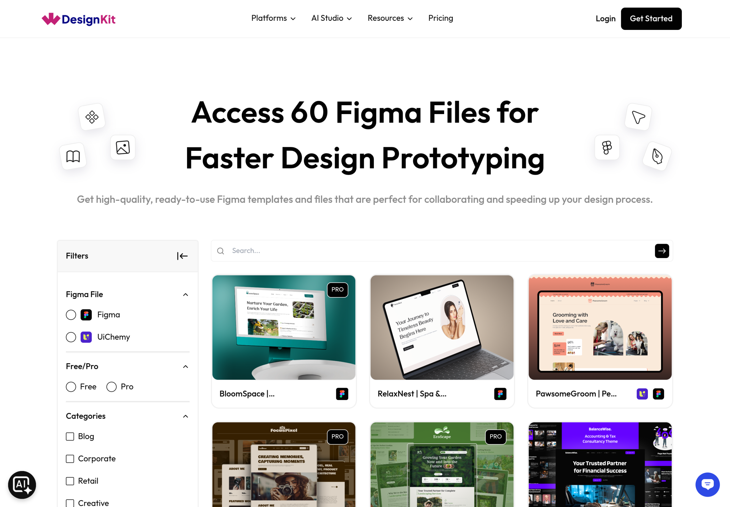 WDesignKit Figma Kits library page showing 60 ready-to-use Figma files with free and pro filters