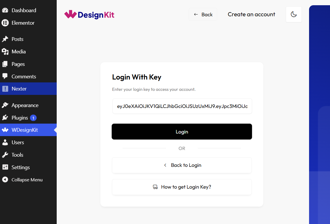 WDesignKit plugin Login With Key screen with a Login Key pasted into the field and the Login button
