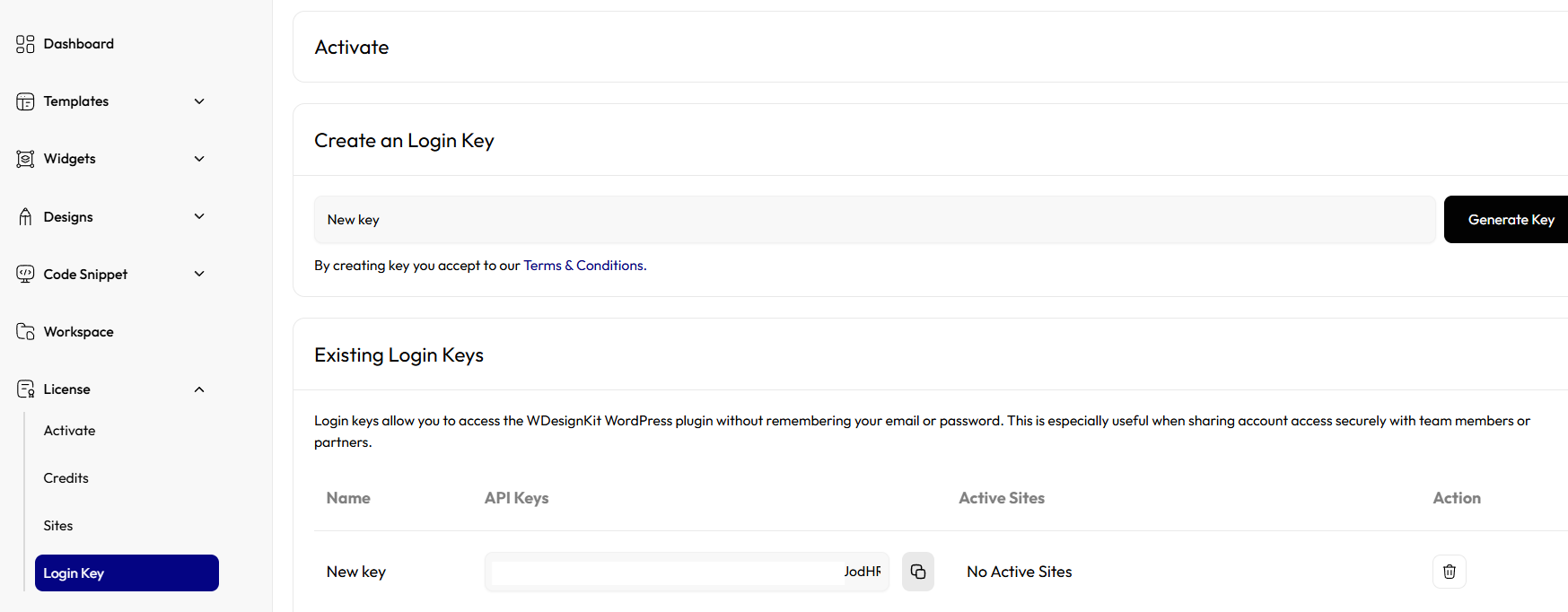 WDesignKit web app License > Login Key page showing the Create an Login Key field, Generate Key button, and the Existing Login Keys table with API Key and Active Sites columns