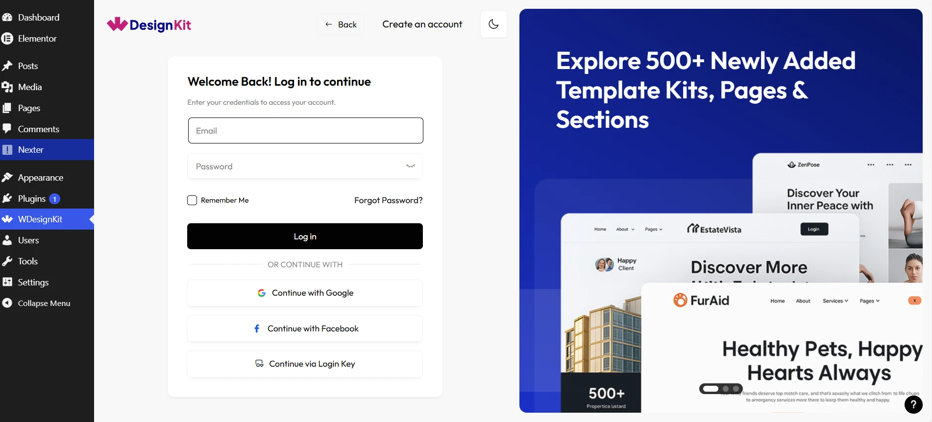 WordPress plugin login screen for WDesignKit showing the Continue via Login Key option below Continue with Google and Continue with Facebook