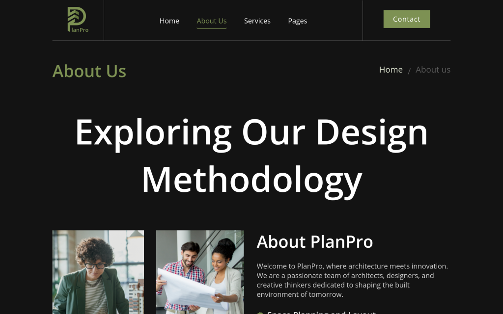 PlanPro Interior about page template titled Exploring Our Design Methodology with team photos