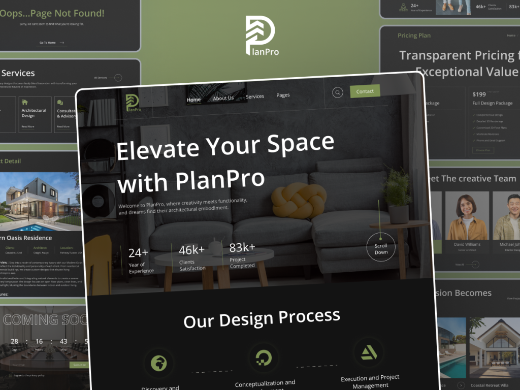 PlanPro Interior template kit cover showing Our Design Process, pricing plans and services sections