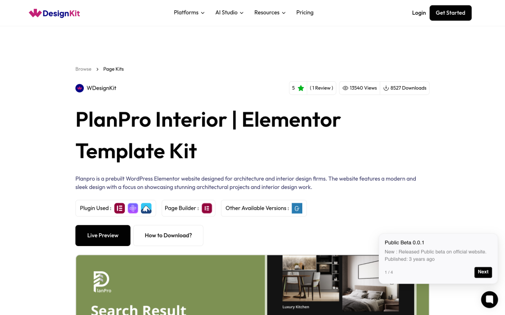 PlanPro Interior Elementor template kit listing in the WDesignKit library with Live Preview button