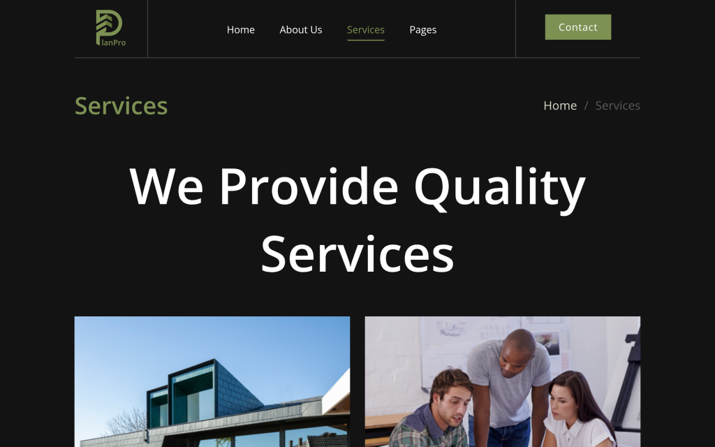 PlanPro Interior services page template headed We Provide Quality Services with project photos
