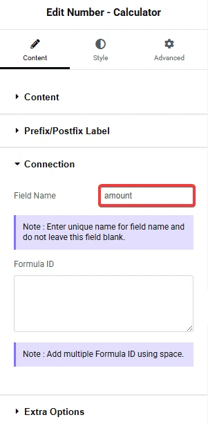 Edit Number - Calculator panel in Elementor with the Connection section open and Field Name set to amount.