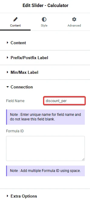 Edit Slider - Calculator panel in Elementor with the Connection section open and Field Name set to discount_per.