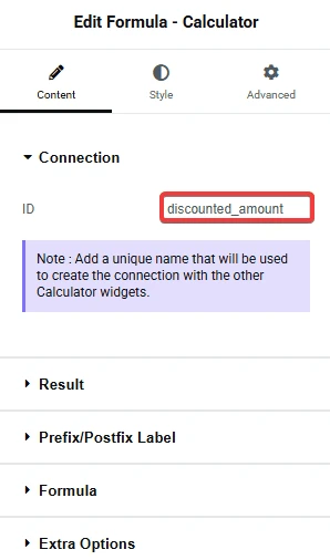 Edit Formula - Calculator panel in Elementor with the Connection section open and ID set to discounted_amount.