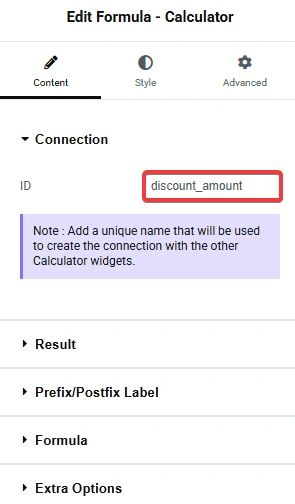 Edit Formula - Calculator panel in Elementor for a second widget with ID set to discount_amount.