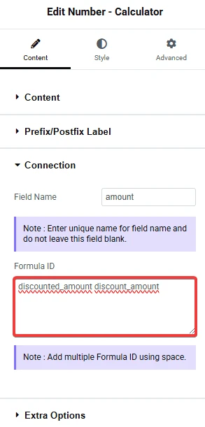 Number - Calculator widget Connection tab with discounted_amount and discount_amount entered in the Formula ID field.