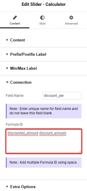 Slider - Calculator widget Connection tab with discounted_amount and discount_amount entered in the Formula ID field.