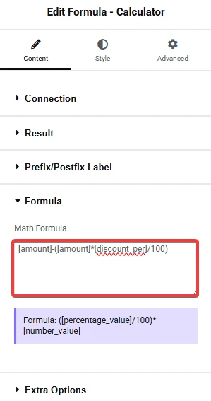 Formula - Calculator widget Formula tab with the discounted-amount Math Formula entered.