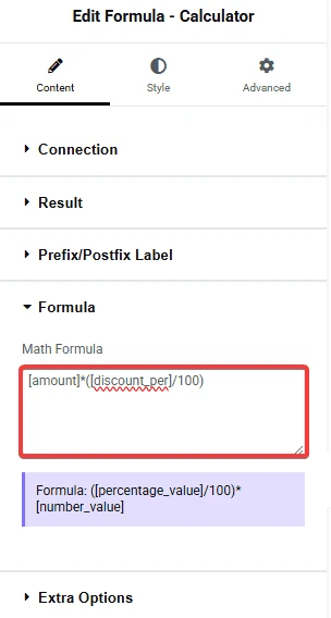 Formula - Calculator widget Formula tab with the discount-amount Math Formula entered.
