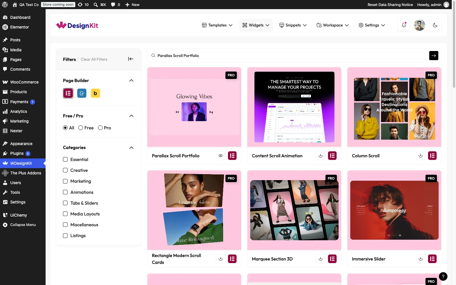 WDesignKit Widgets browse screen showing the Parallax Scroll Portfolio widget filtered to Elementor