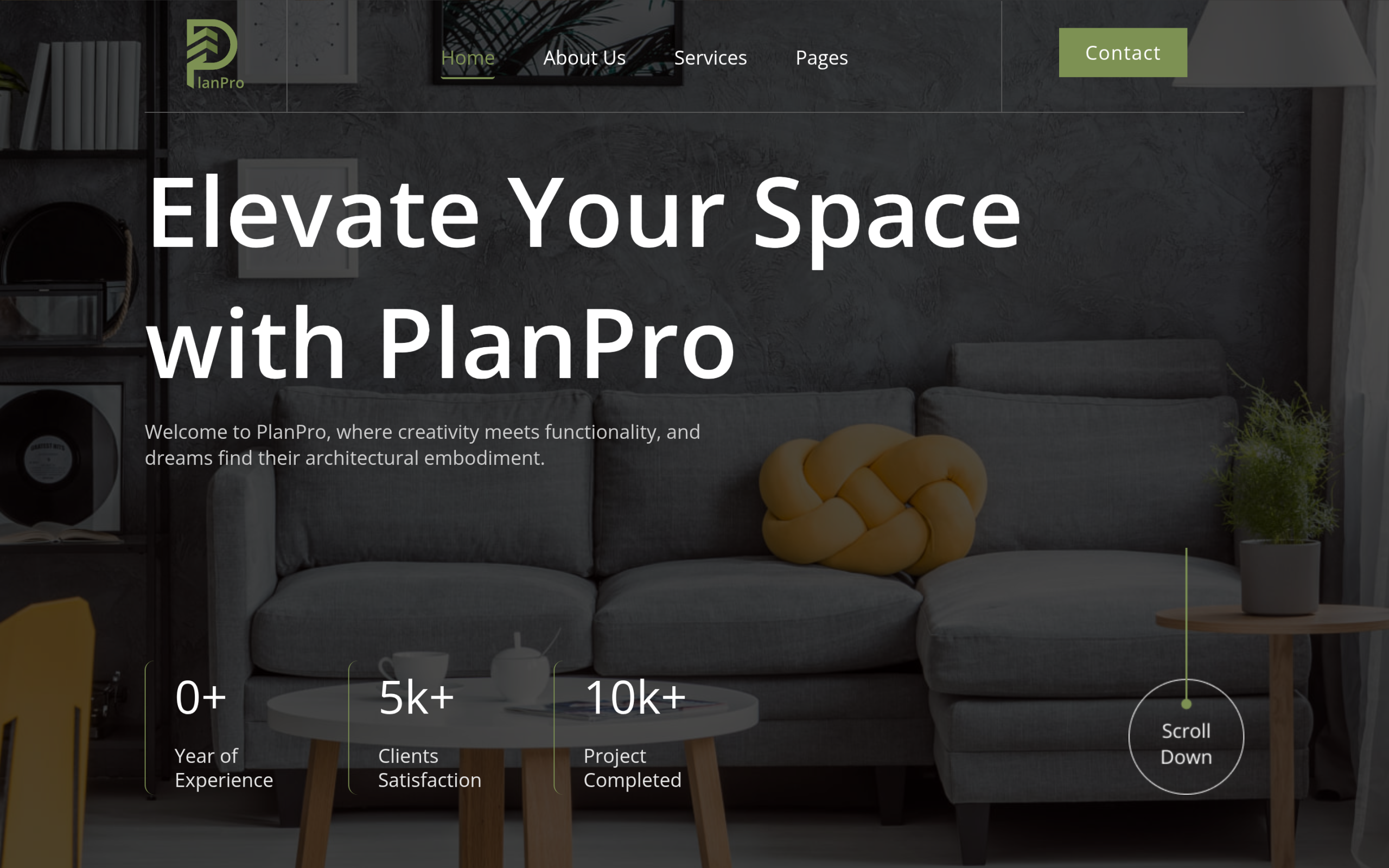 PlanPro architecture and interior design WordPress template kit homepage