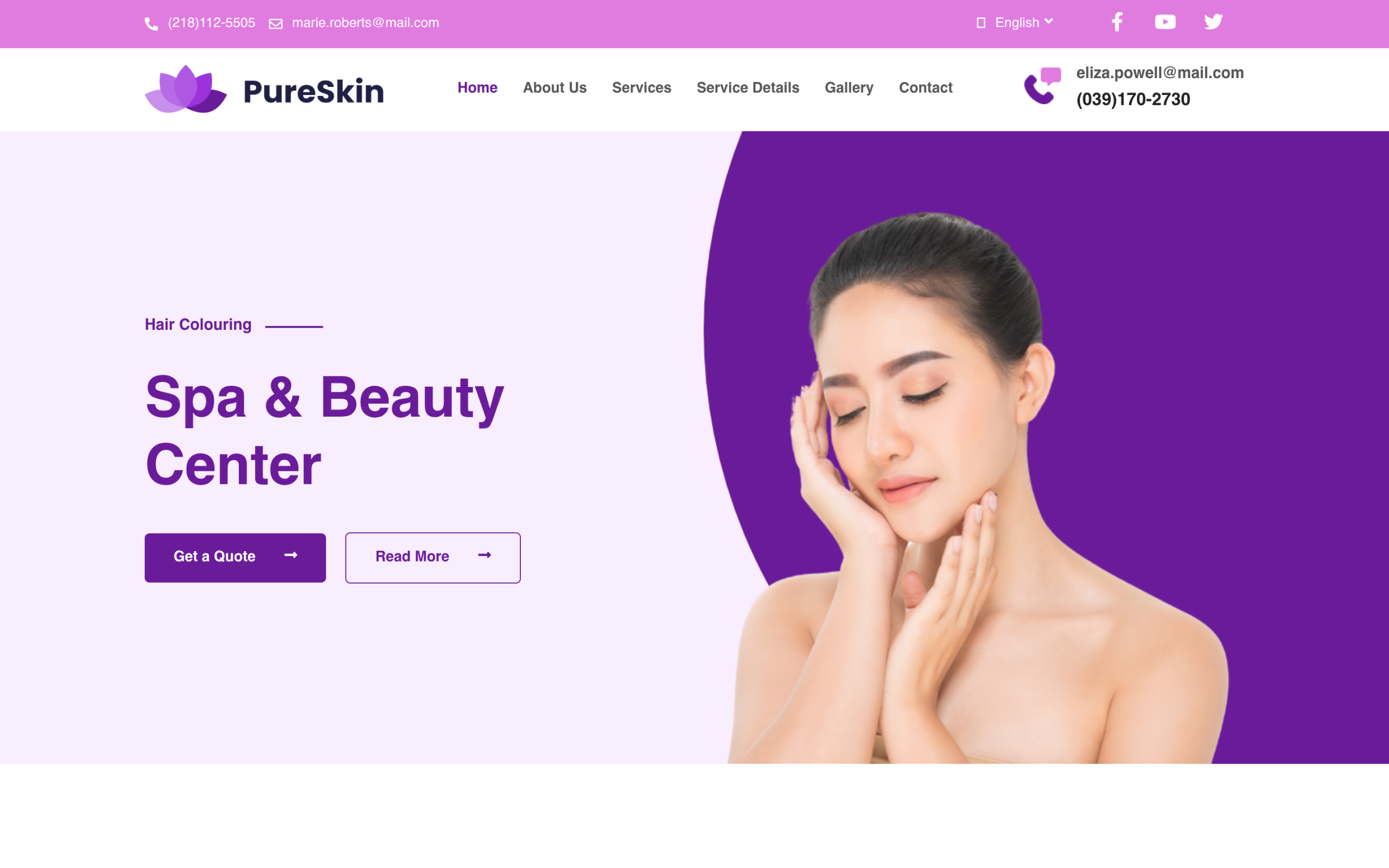 PureSkin spa and beauty salon WordPress template kit homepage, Gutenberg version