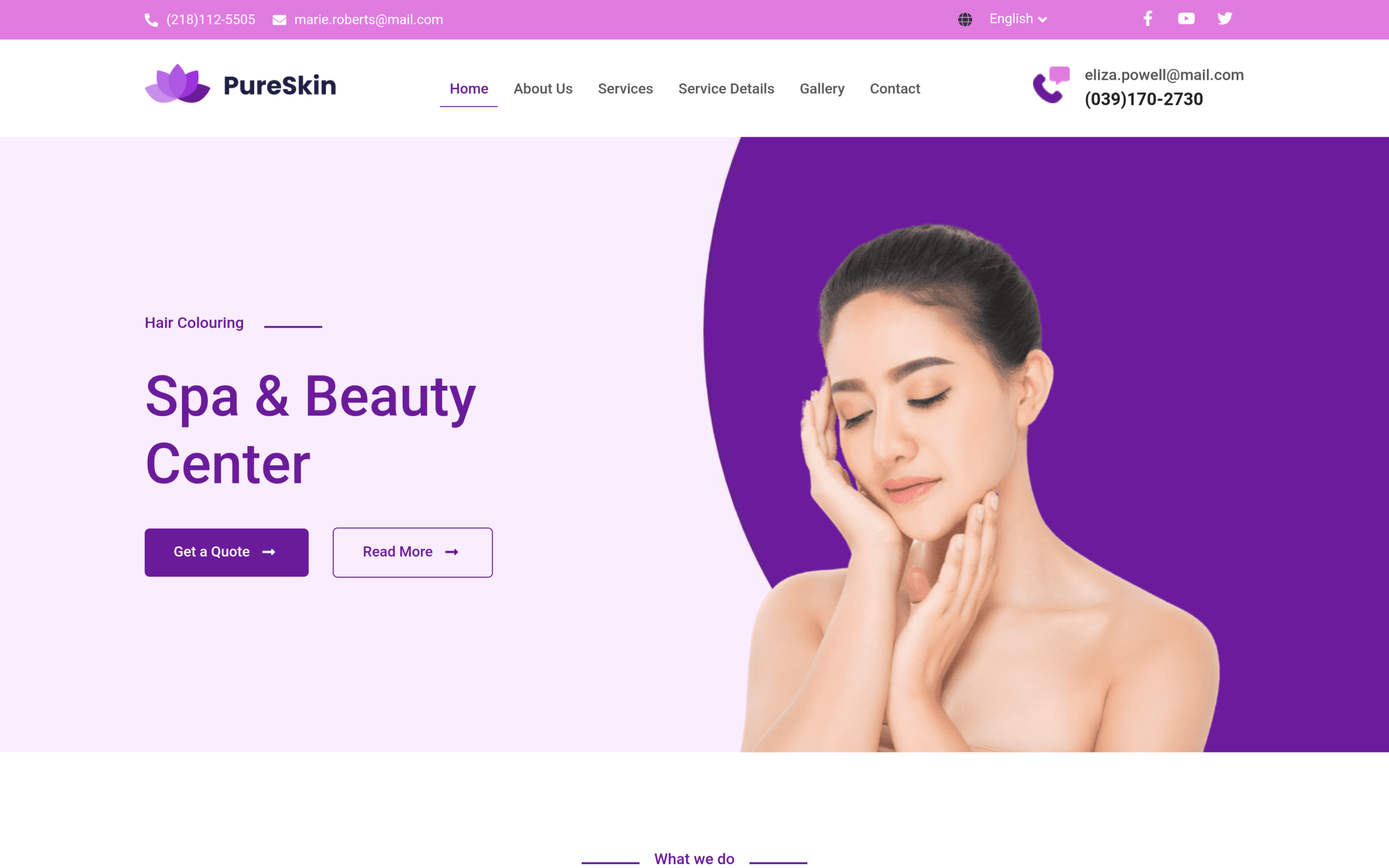 PureSkin spa and beauty salon WordPress template kit homepage, Elementor version