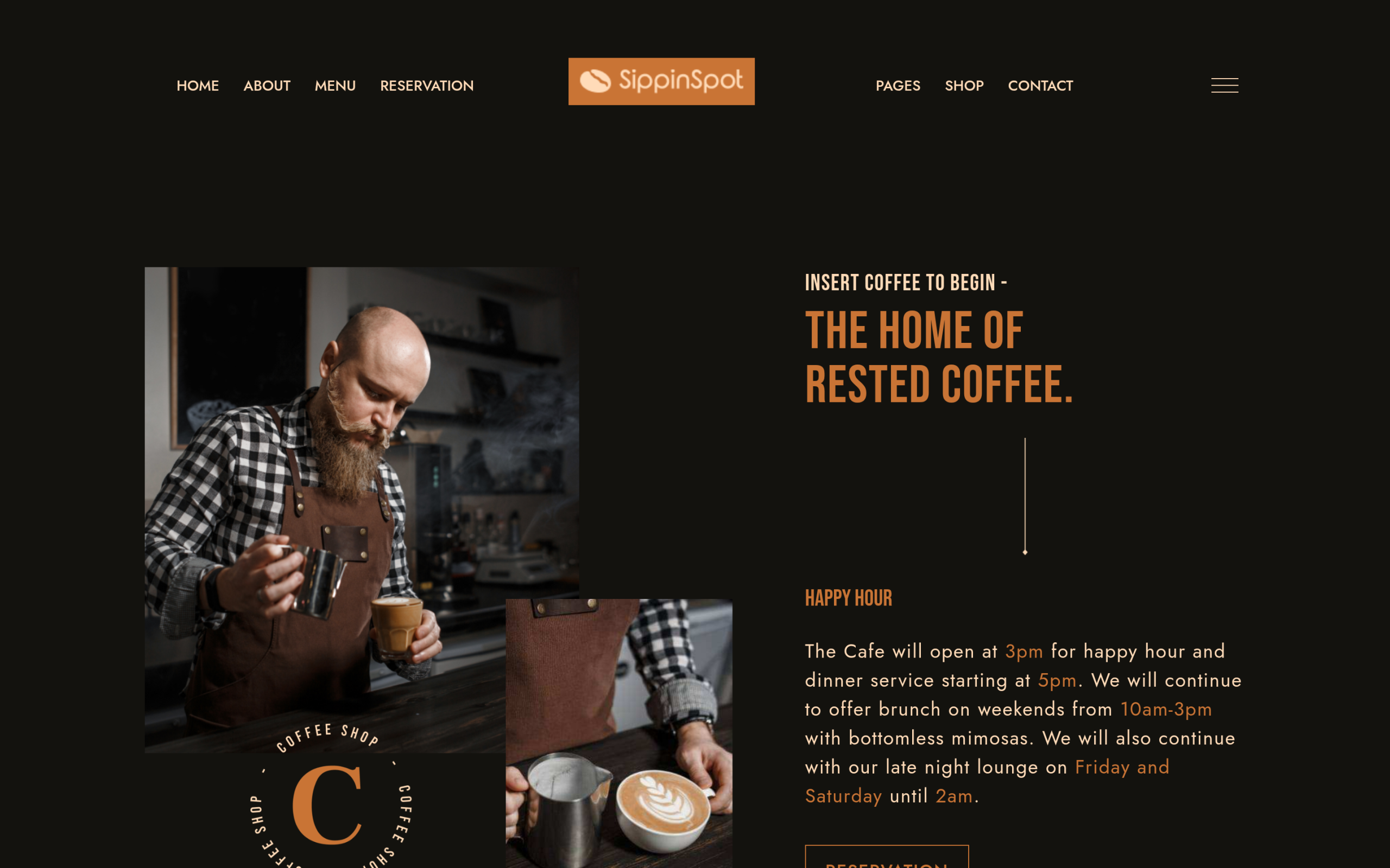 SippinSpot coffee and restaurant WordPress template kit homepage