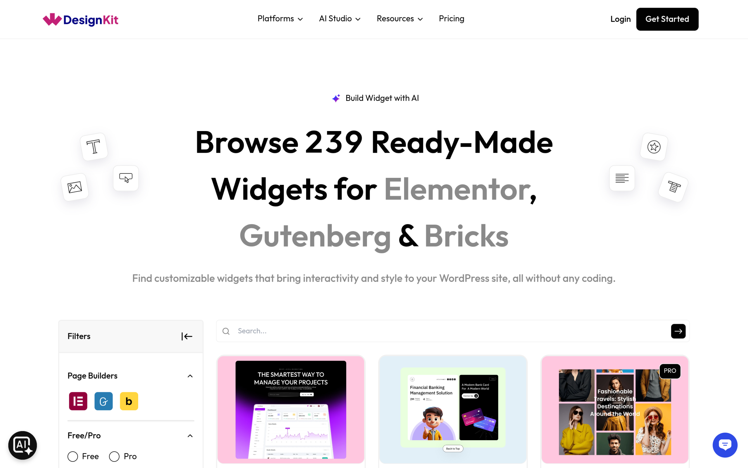 WDesignKit widget library page listing 239 ready-made widgets for Elementor, Gutenberg and Bricks with builder filters