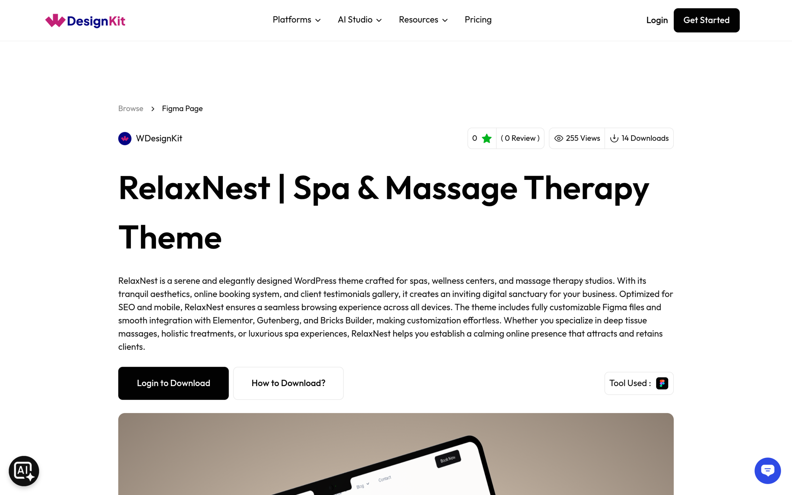 WDesignKit Figma kit detail page for the RelaxNest spa and massage therapy theme showing the linked page builder
