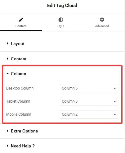 Tag Cloud widget Column panel with Desktop, Tablet and Mobile column count dropdowns