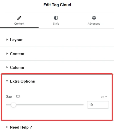 Tag Cloud widget Extra Options panel with the Gap slider for spacing between columns