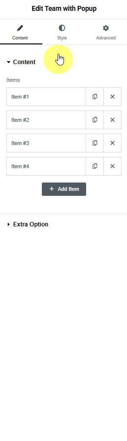 Team with Popup content settings in Elementor showing four repeater items