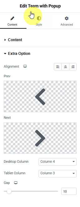 Team with Popup extra options showing alignment, column and gap controls