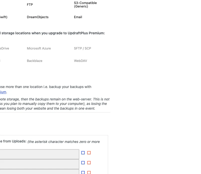 UpdraftPlus Settings tab showing backup frequency options for files and the database, and remote storage destination choices.