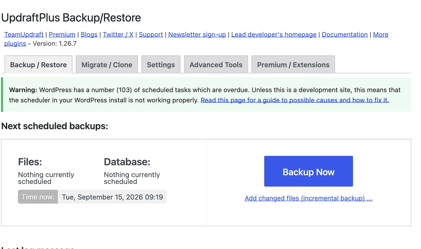 UpdraftPlus Backup/Restore tab in wp-admin with the Backup Now button used to start a manual, on-demand backup.
