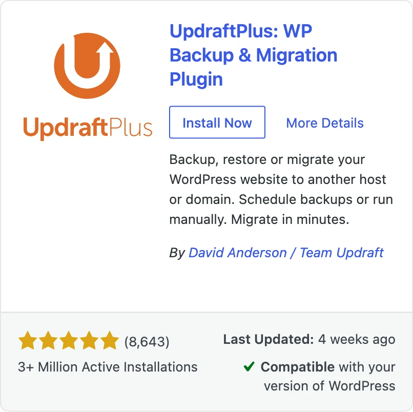 UpdraftPlus: WP Backup & Migration Plugin listing in the WordPress plugin directory, showing an Install Now button and its rating and install count.