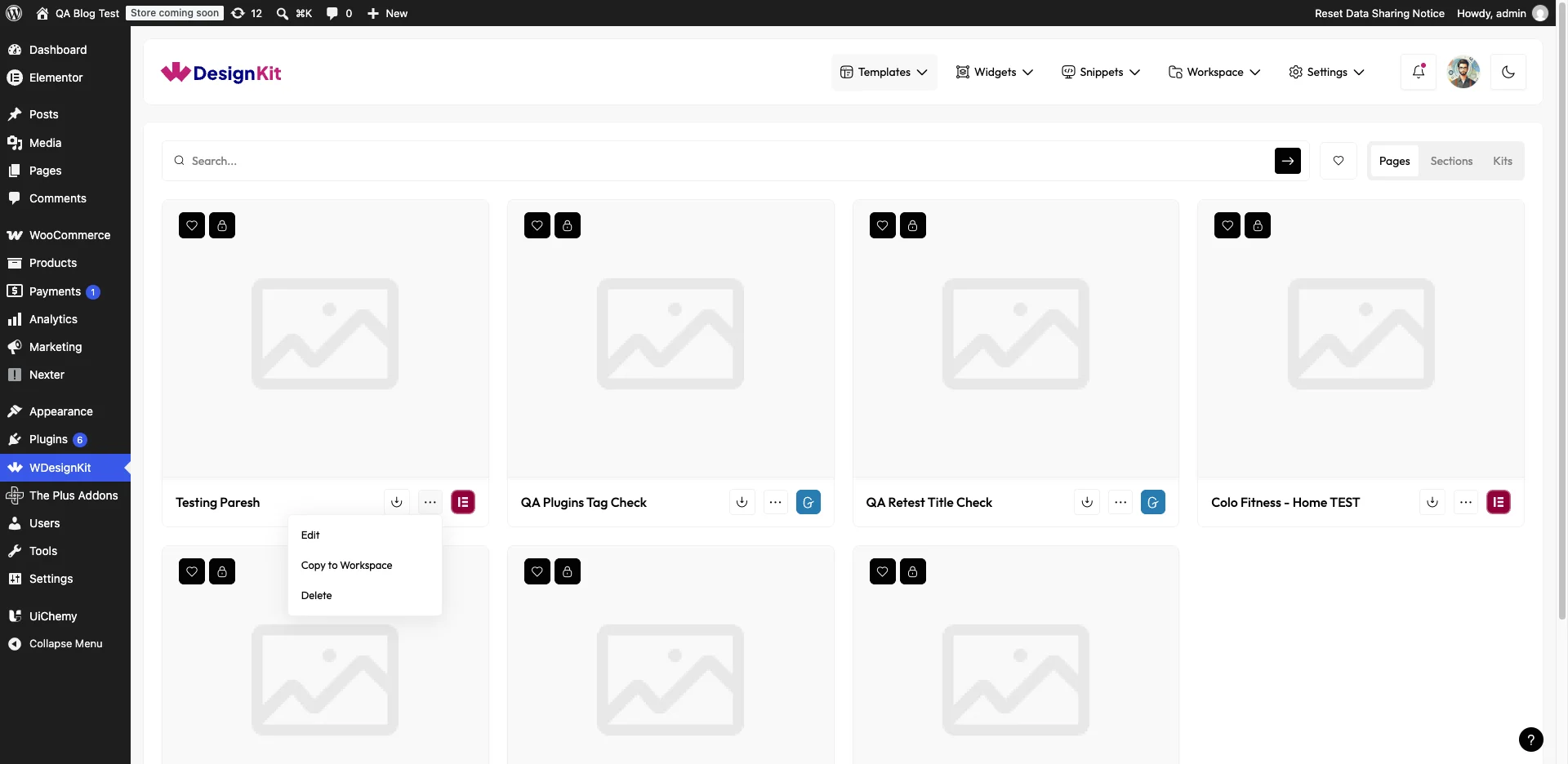 WDesignKit My Templates page three-dot menu with Edit, Copy to Workspace and Delete options