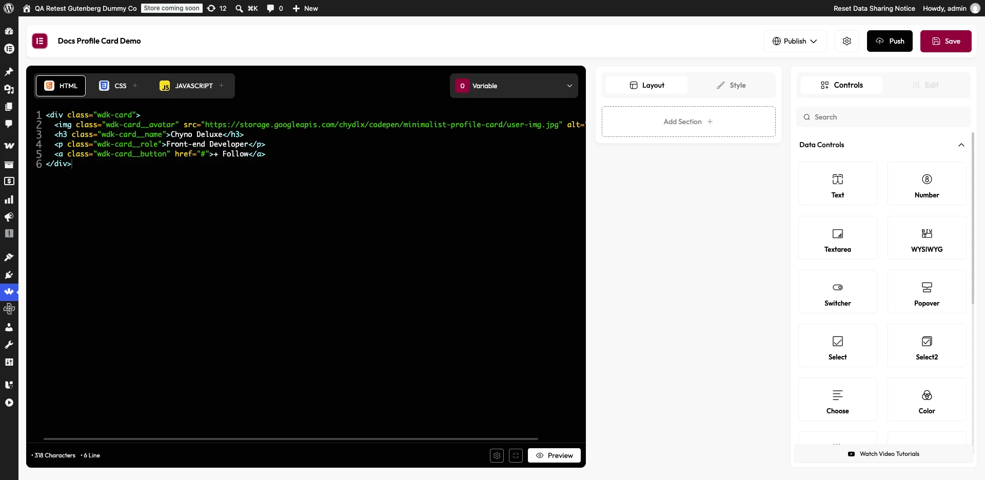 WDesignKit widget builder HTML/CSS code editor populated with a sample profile card widget right after Create Widget