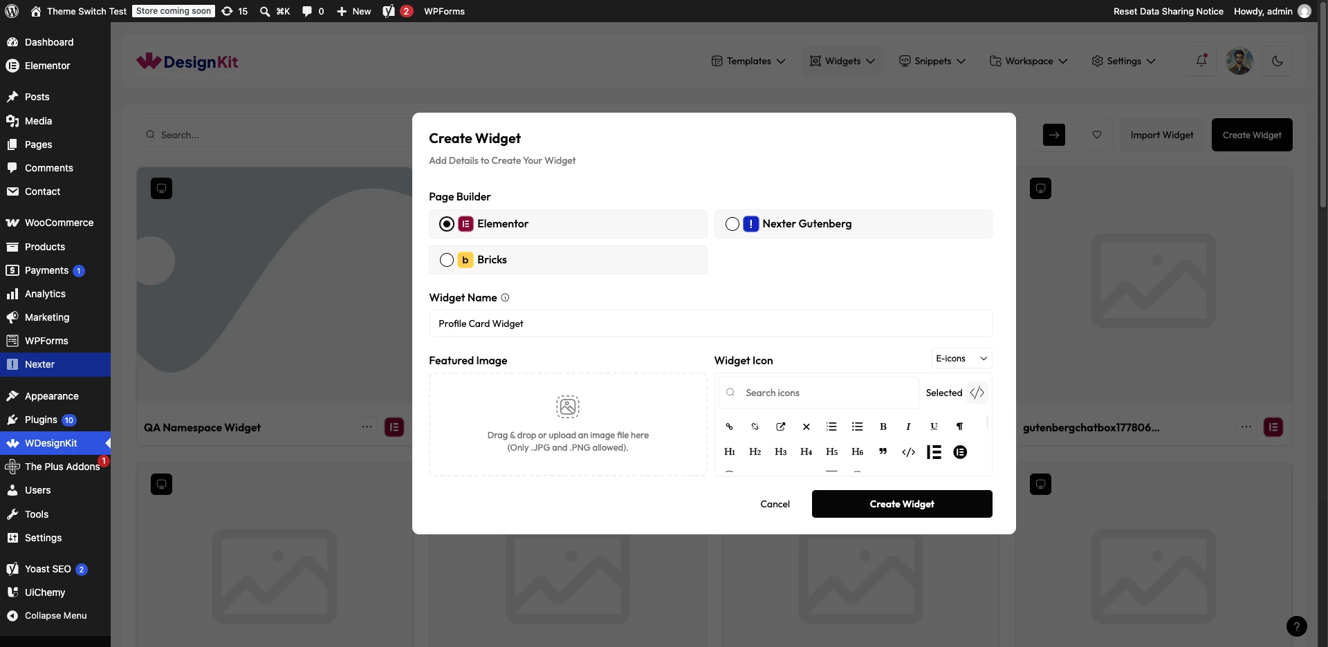 Create Widget popup with Elementor selected as the page builder