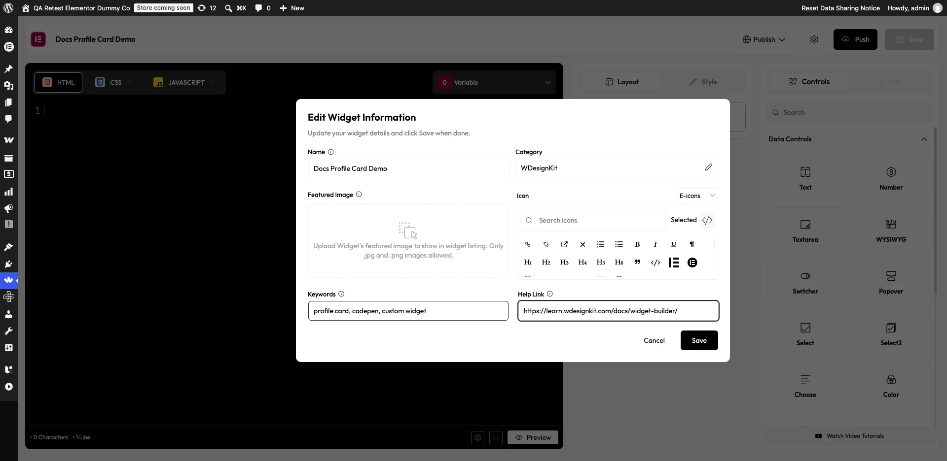 The WDesignKit widget builder editor with HTML, CSS and JavaScript tabs and a Controls panel listing data controls