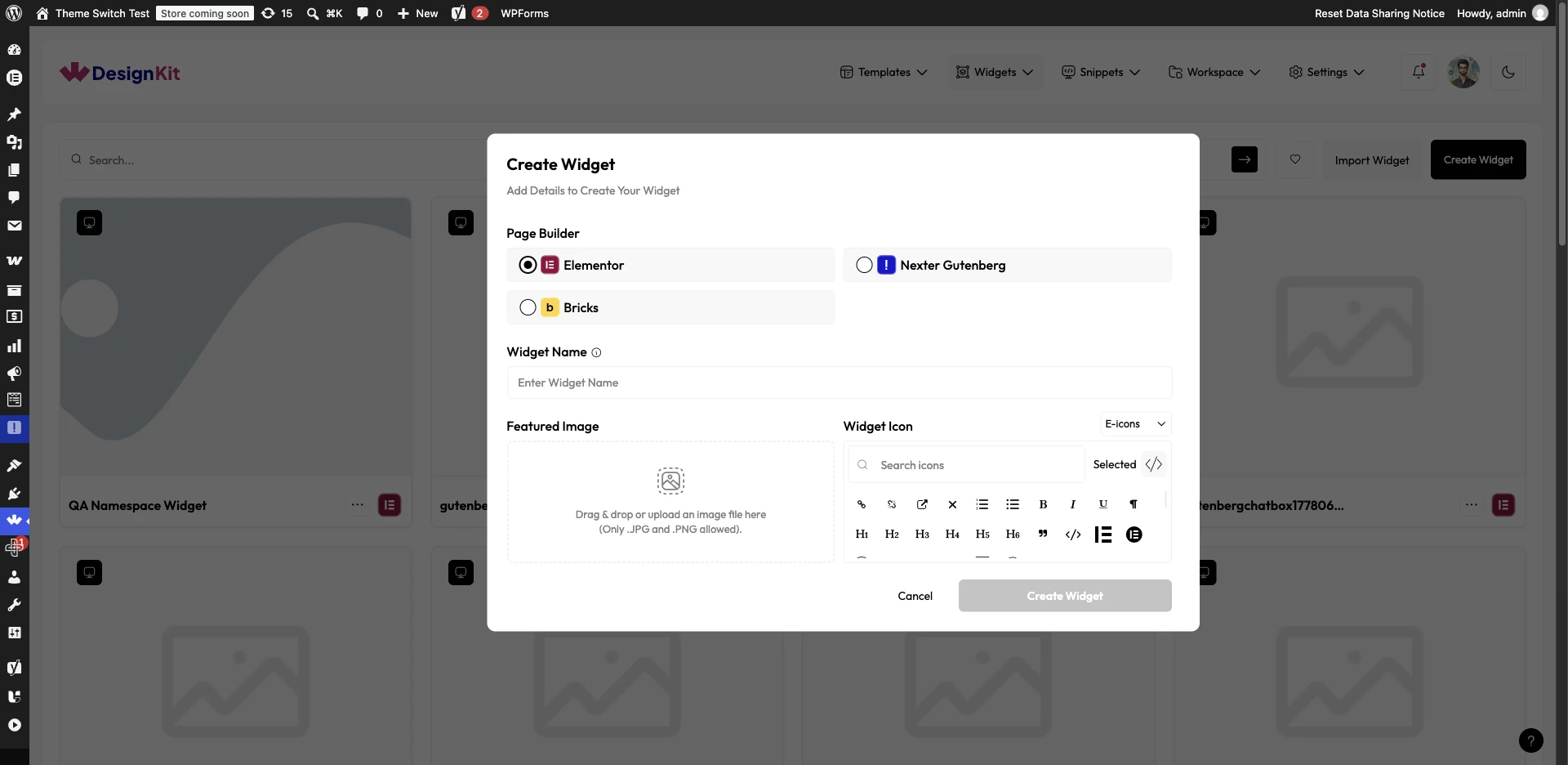 WDesignKit Create Widget popup with Page Builder, Widget Name, Featured Image and Widget Icon fields