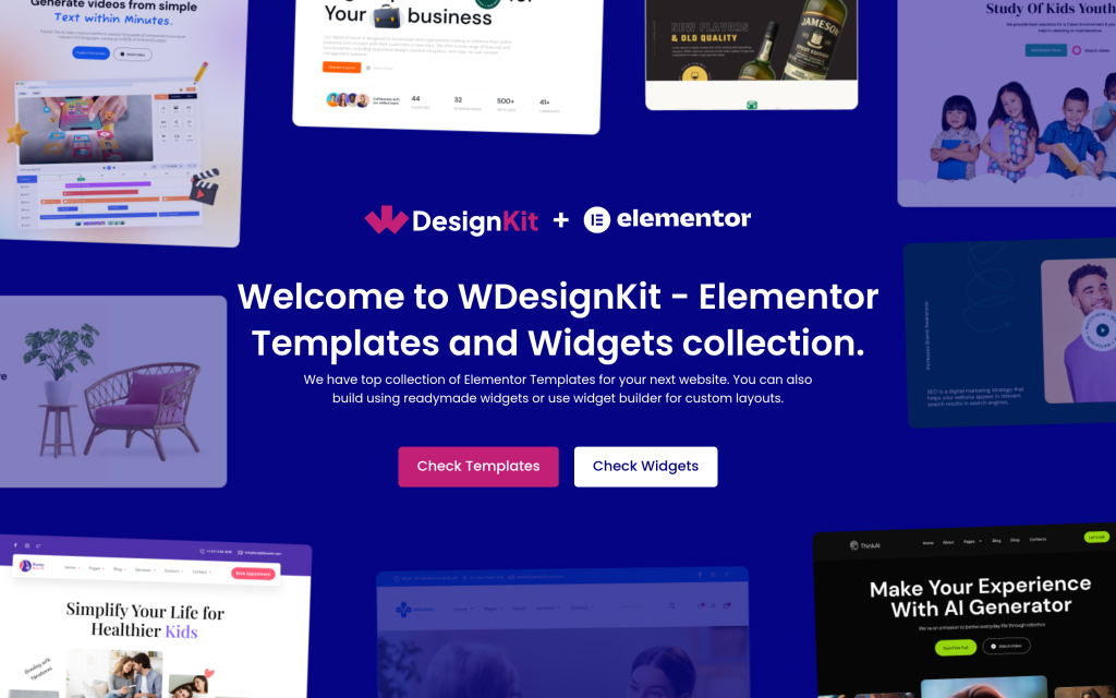 WDesignKit Elementor template library homepage showing lightweight template kits