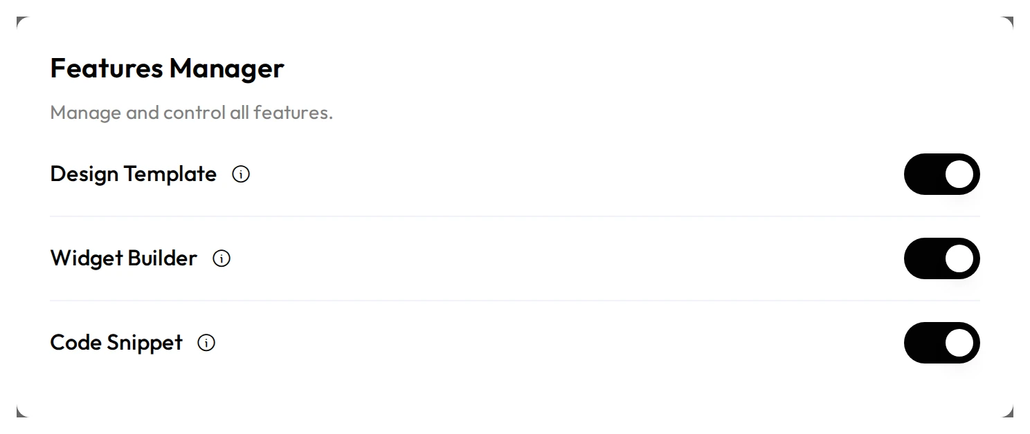 WDesignKit Features Manager popup with toggles for Design Template, Widget Builder and Code Snippet