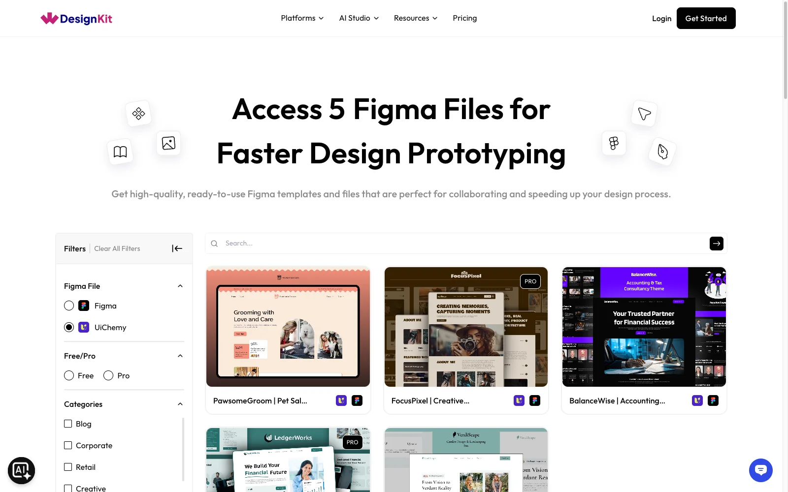 WDesignKit Figma Kits page filtered to UiChemy, showing template cards each marked with the UiChemy and Figma icons