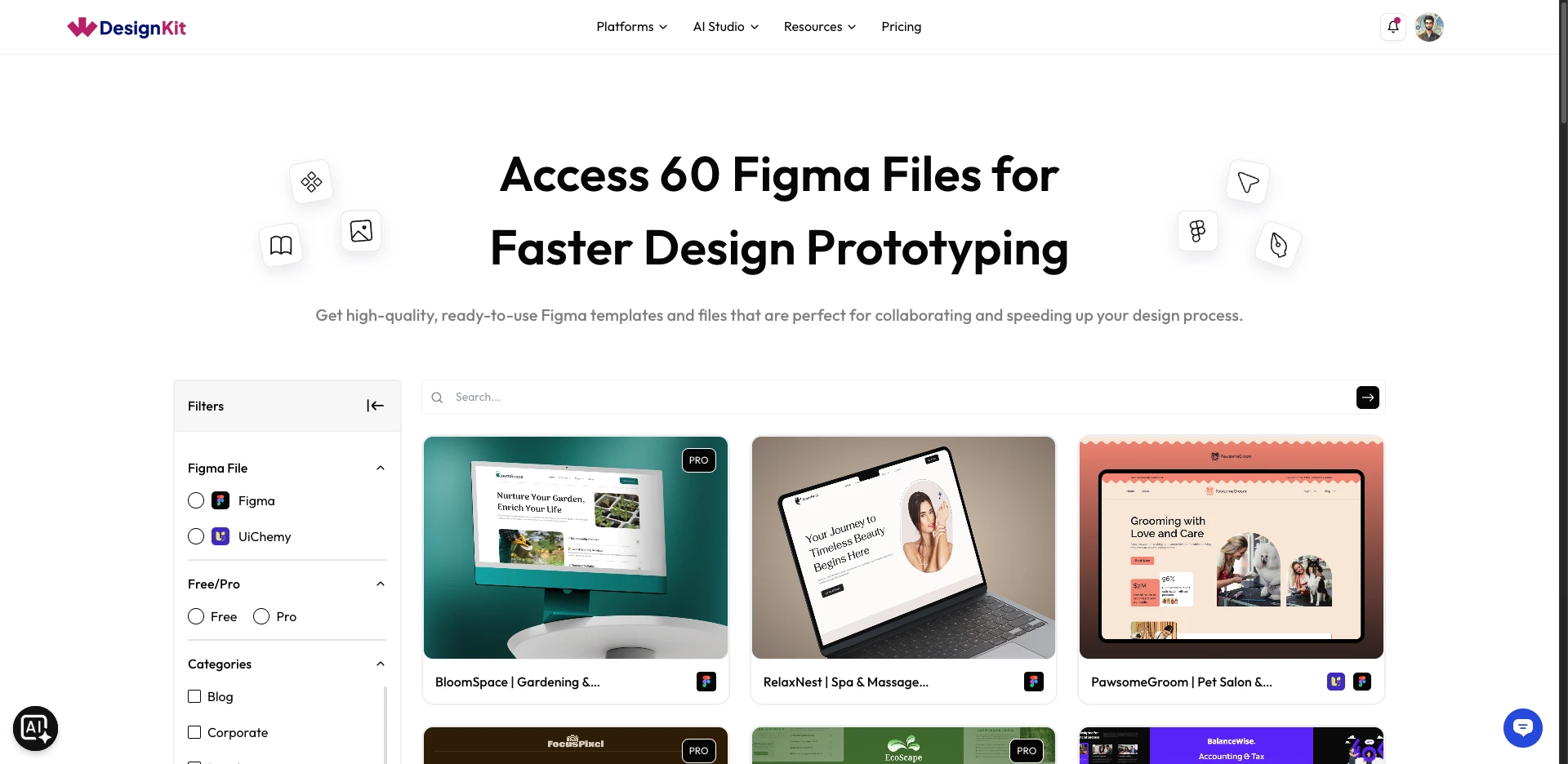 WDesignKit.com Figma Templates gallery showing the Templates menu filter for Figma and UiChemy files
