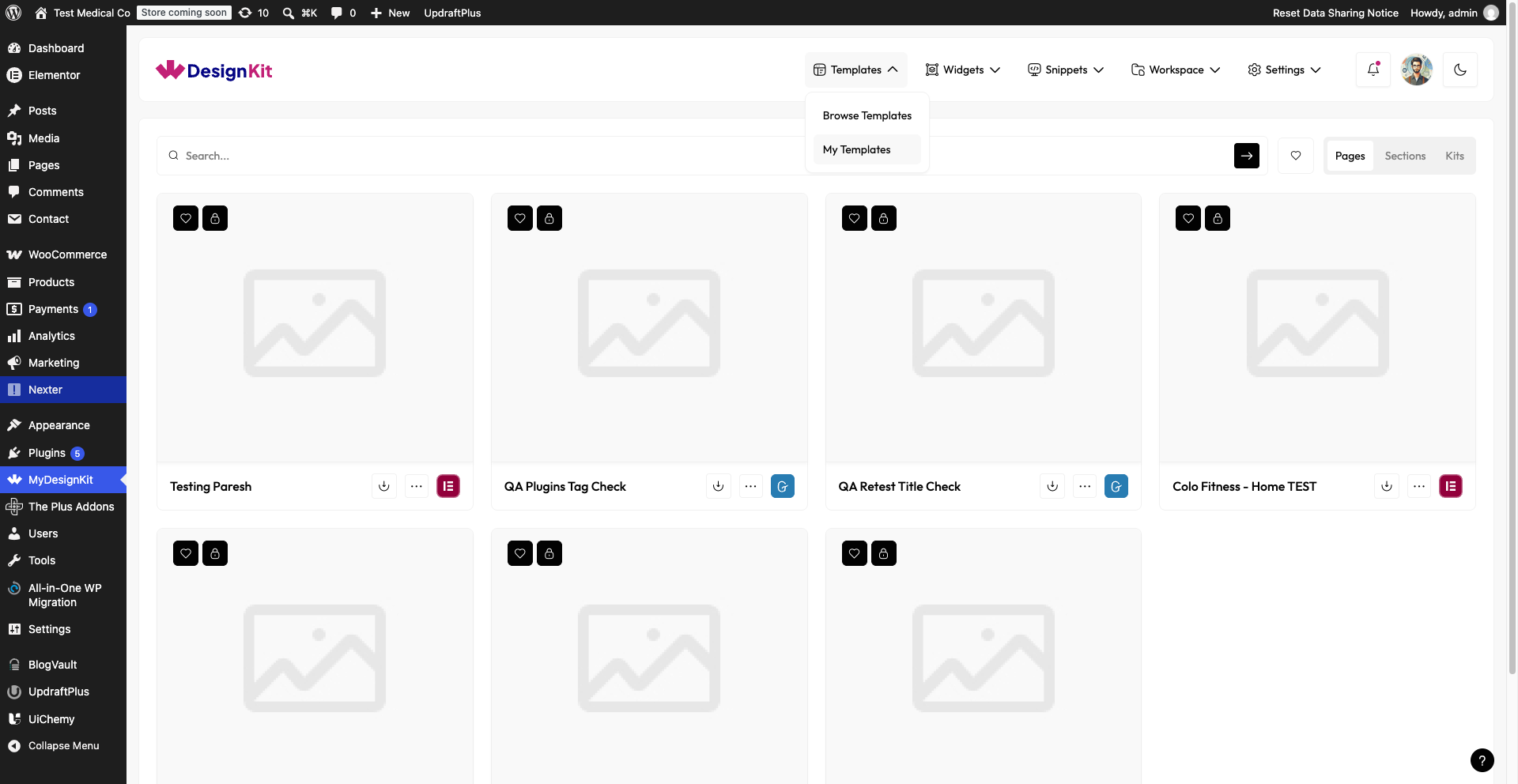 WDesignKit MyDesignKit panel showing the Templates dropdown with Browse Templates and My Templates options, and the My Templates grid listing previously downloaded template kits