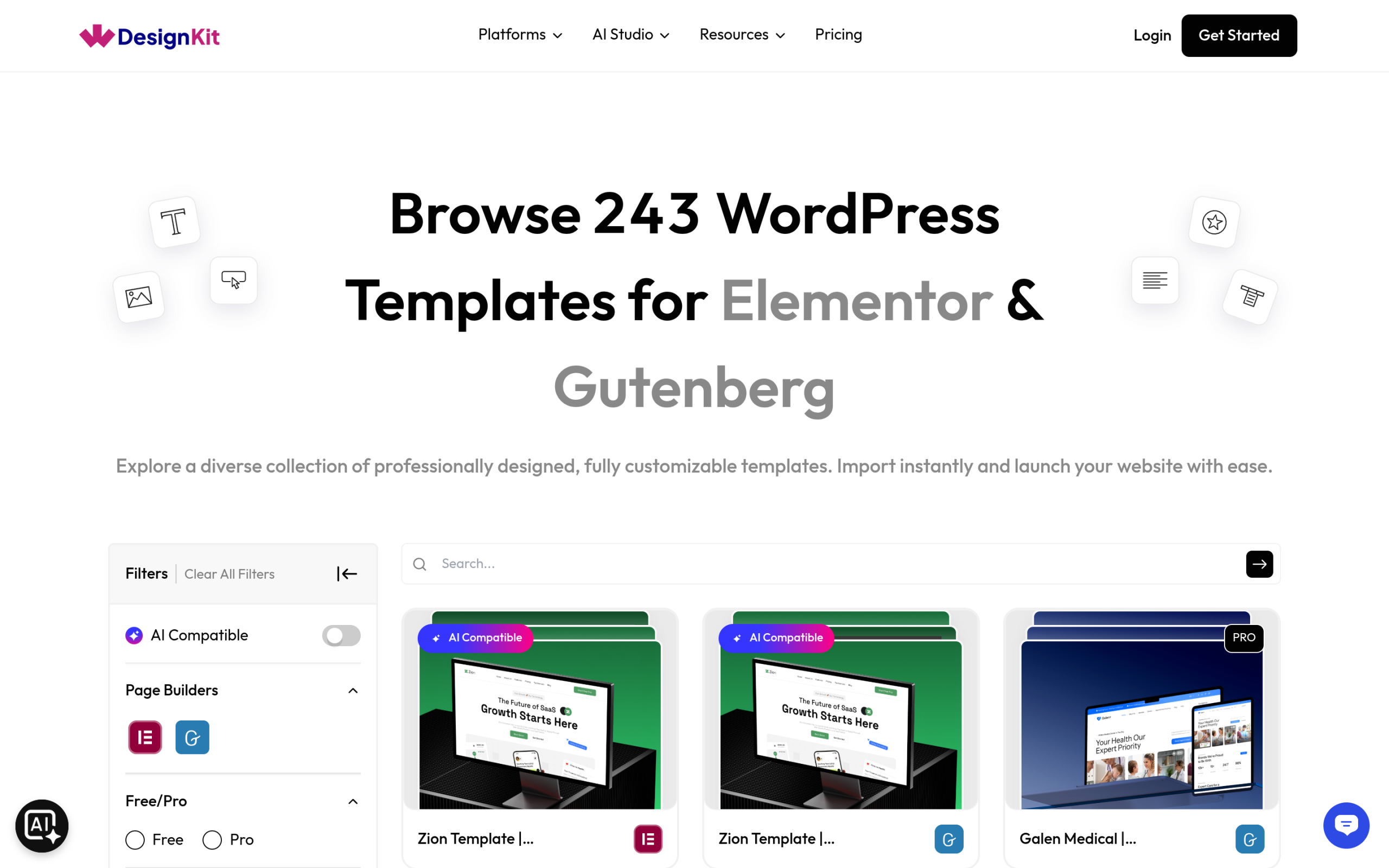 WDesignKit template library page listing 243 page kits for Elementor and Gutenberg with builder and free or pro filters