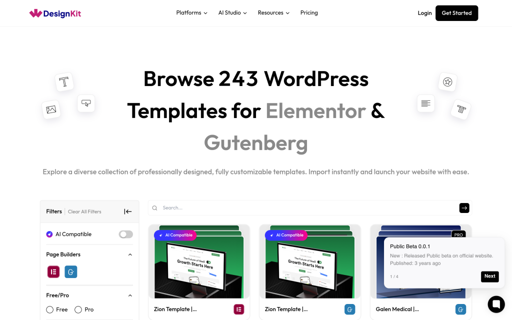 WDesignKit template library browse page with page builder, free and pro, and template type filters