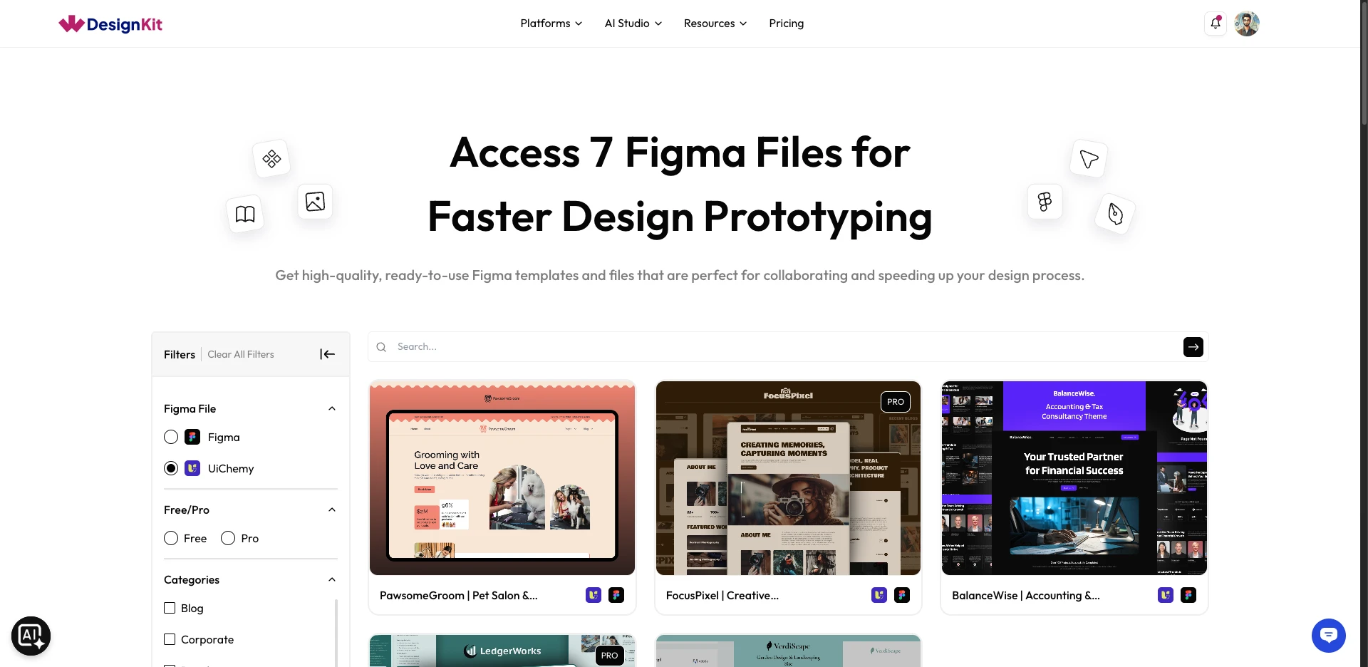 WDesignKit.com Figma Templates gallery filtered to UiChemy, showing templates tagged with both Figma and UiChemy logos